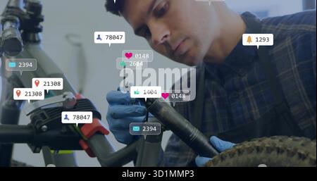 Adjusting mechanic wearing plaid shirt, gloves, using hex key on fork at shop, with social overlays Stock Photo