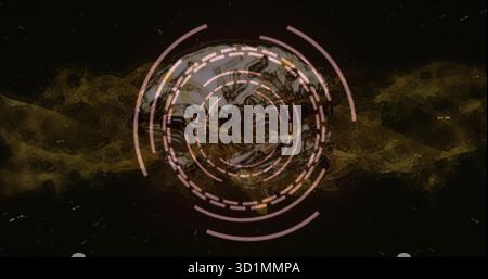 Displaying HUD overlaying golden particle vortex on black screen featuring dashed and solid arcs Stock Photo