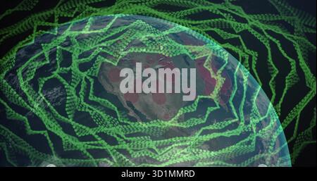 Displaying Earth globe spinning in outer space, with green binary streams and red hotspot markers Stock Photo