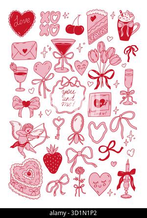 Cute love set design elements in hand drawn outline doodle style ...