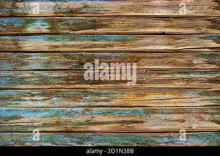 Worn grungy rustics fence with the place for text half painted in blue color, peeling blue paint is on the left side of the panel Stock Photo