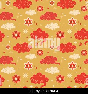 Asian Seamless Pattern. Gold Background with Red Chinese Cloud Motifs and Floral Elements. Chinese New Year Seamless Pattern with Clouds and Flowers Stock Vector