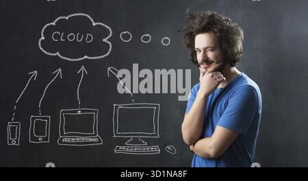 Portrait of man with cloud computing diagram on the chalkboard. Cloud Computing Concept on Chalkboard Stock Photo