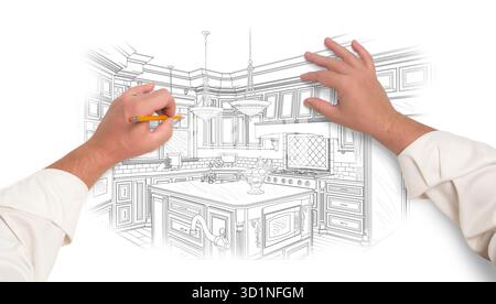 Male Hands Sketching Beautiful Custom Kitchen Stock Photo