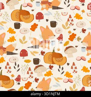 Seamless Pattern With Fox, Autumn Leaves, Vegetables and Pumpkins Stock Vector