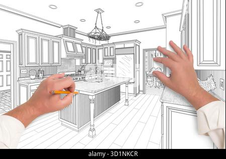 Male Hands Sketching Beautiful Custom Kitchen Stock Photo
