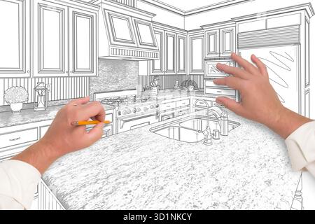 Male Hands Sketching Beautiful Custom Kitchen Stock Photo