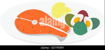 Seasoned Salmon Steak Lemon Slices Halves Hard Boiled Egg Salad Leaves and Brussels Sprouts on Plate. Isolated Vector illustration Healthy Eating Stock Vector