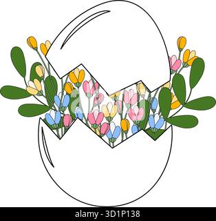 Outline Easter Egg with Colorful Flowers and Sprigs Springtime Modern Floral Composition Flat Design. Isolated Vector illustration Easter Thematic Cards Party Invites Banner, leaflet, label, price tag Stock Vector