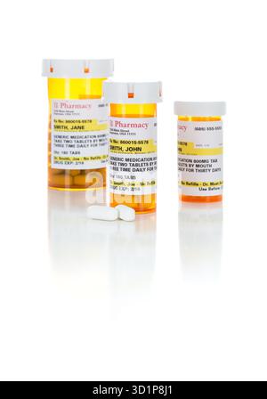 Non-Proprietary Medicine Prescription Bottles and Pills Isolated on White Stock Photo