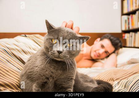 Handsome Young Man Cuddling his Gray Cat Pet Stock Photo