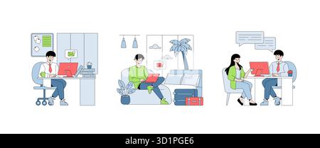 Vector illustration set showing a person working in an office, another on a sofa with a laptop, and a meeting between a man and woman. Ideal for business and remote work concepts. Stock Vector