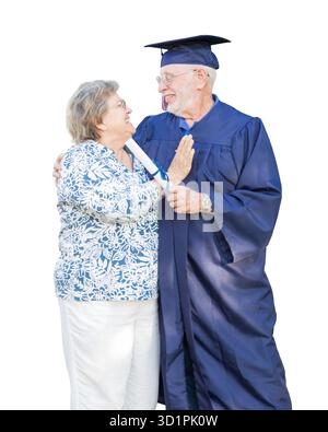 Senior Adult Man Graduate in Cap and Gown Being Congratulated By Wife Isolated on White. Stock Photo