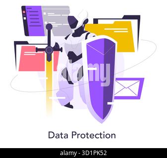 Vector illustration of a robotic figure using a shield and sword to symbolize data protection. Surrounded by digital folders, the robot represents cybersecurity in a digital world. Stock Vector
