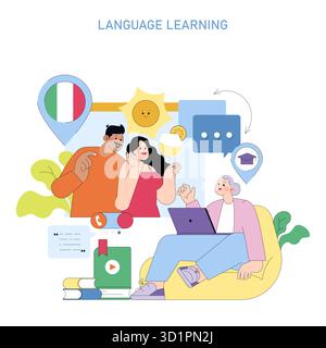 Vector illustration of people engaging in language learning with digital tools. Features vibrant icons like speech bubbles, a graduation cap, and a location pin representing Italian language study. Stock Vector