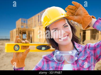 Female Construction Worker Holding Level Wearing Gloves, Hard Hat and Protective Goggles at Construction Site Stock Photo