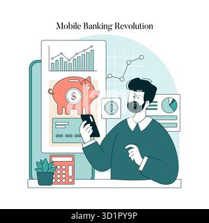 Vector illustration of a person using a smartphone for mobile banking. Depicts financial technology with graphs, charts, and digital elements highlighting modern banking solutions. Stock Vector