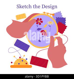 Vector illustration showcasing a creative embroidery process with hands working on floral designs in a hoop surrounded by colorful threads and pins, highlighting crafting art. Stock Vector