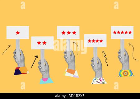 Collage of woman hands holding signs with 1, 2, 3, 4 and 5 star ratings on an orange background with arrows Stock Photo