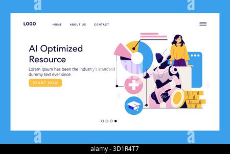 Modern vector illustration depicting a robot and human collaborating with data visualizations concepts on a website landing page. Scene portrays AI, teamwork, and technology synergy. Stock Vector