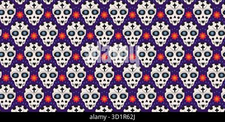 Sugar Skulls with flowers decor and dots Seamless Pattern Banner Format Day of the Dead Festive Fond. Isolated Vector illustration Mexican Holidays Thematic Backdrop Greetings Banner, leaflets, labels Stock Vector
