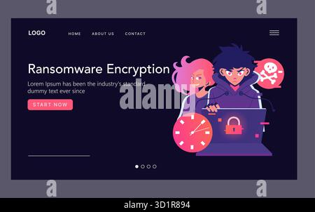 Vector illustration of two animated characters engaged in ransomware encryption, symbolizing cybersecurity threats. Includes icons like a lock, clock, and skull, representing urgency and danger. Stock Vector