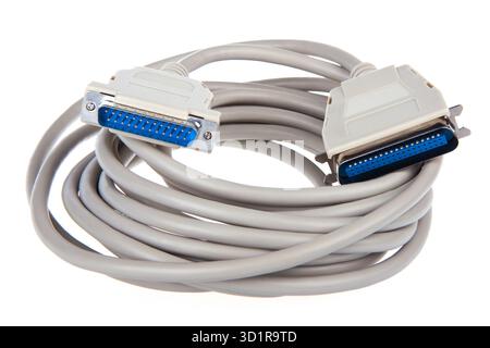 Computer cable with 25 pin connector isolated on white Stock Photo