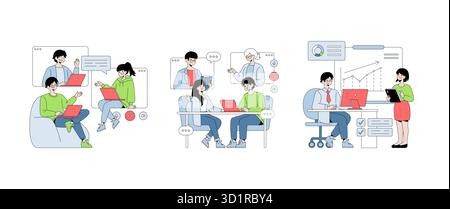 Vector illustration depicting groups engaging in collaborative office tasks, including online meetings, project discussions, and data analysis using digital devices and charts. Stock Vector