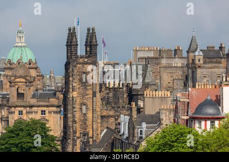 View from Scottish Edinburgh castle at skyline old medieval city with towers of Assembly hall and dome of Museum On The Mound Stock Photo