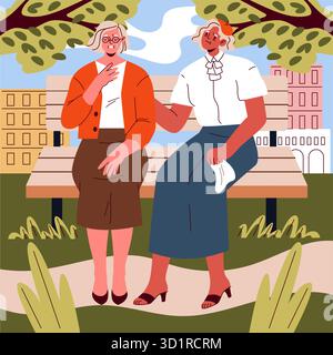 Vector illustration of two elderly women sitting on a park bench, enjoying each other's company. Their facial expressions show happiness and contentment in a pleasant outdoor setting. Stock Vector