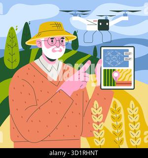 Vector illustration of a farmer using a tablet to control a drone for monitoring agricultural fields. The scene shows modern farming techniques and technology integration. Stock Vector