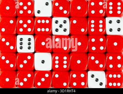 Background of random ordered red dices with six white cubes Stock Photo