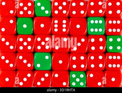 Background of random ordered red dices with six green cubes Stock Photo