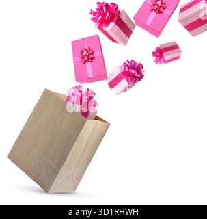 Many gift boxes falling into paper bag on white background Stock Photo