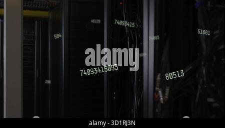 Displaying central server rack with servers and cables in data center aisle, with numeric overlays Stock Photo