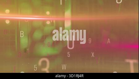 Floating translucent letters and numbers drifting across digital panel, with glowing light streaks Stock Photo
