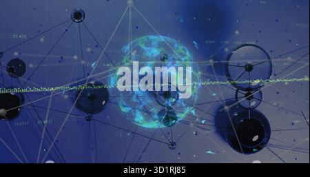 Central sphere pulsing in network visualization, with nodes, lines, numeric labels and waveform Stock Photo