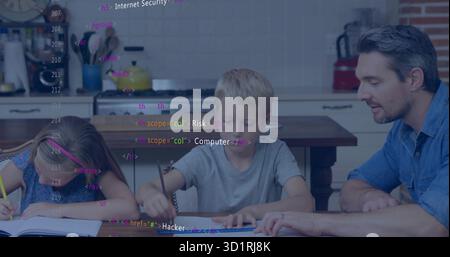 Working father and children writing in notebooks at wooden kitchen table, with floating HTML code Stock Photo