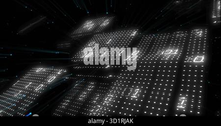 Glowing digital panels hovering in cyberspace, with binary dot-matrix digits and light-blue streaks Stock Photo