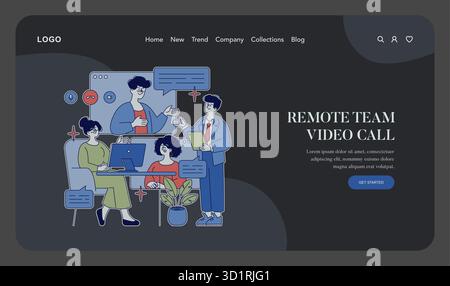 Vector illustration of a remote team engaging in a video call. Team members communicate with smiles and gestures, fostering collaboration and connection in a virtual workspace. Stock Vector