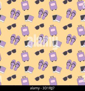 A repeating pattern shows purple suitcases, sunglasses, flip-flops, and photo prints on a yellow background. This pattern design evokes a travel, y2k, and cartoon feel. Stock Vector
