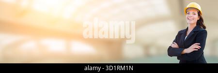 Banner With Smiling Female Contractor In Hard Hat Stock Photo