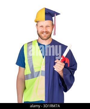 Split Screen Male Graduate In Cap and Gown to Engineer in Hard Hat Concept Stock Photo