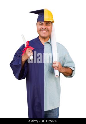 Split Screen Male Hispanic Graduate In Cap and Gown to Engineer in Hard Hat Concept Stock Photo