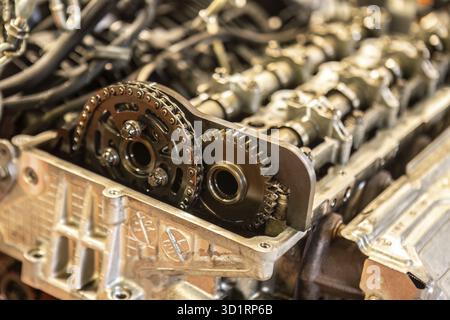 Close-up of a car's disassembled engine showing camshaft detail during workshop repair Stock Photo