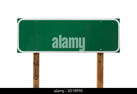 Blank Green Road Sign with Wooden Posts Isolated on a White Background Stock Photo
