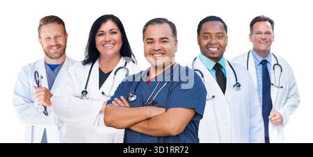 Group of Mixed Race Female and Male Doctors Isolated on White Stock Photo