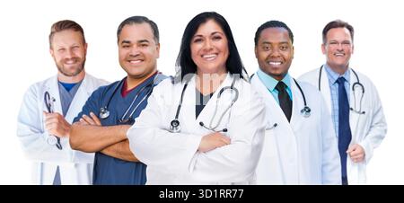 Group of Mixed Race Female and Male Doctors Isolated on White Stock Photo
