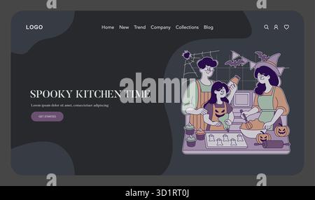 Vector illustration of a family joyfully baking Halloween treats in a kitchen. Parents and a child are decorating festive cookies and cupcakes surrounded by Halloween decor like pumpkins and cobwebs. Stock Vector