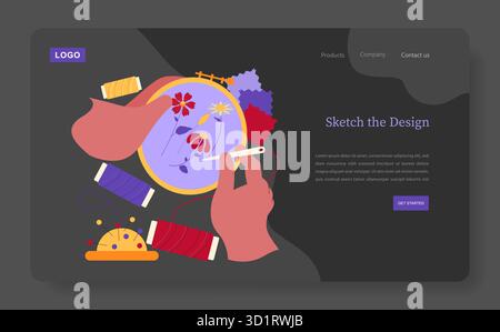 Vector illustration of hands engaging in embroidery with a floral design. Various colored threads and sewing tools enhance the creative process. Ideal for craft-related content. Stock Vector